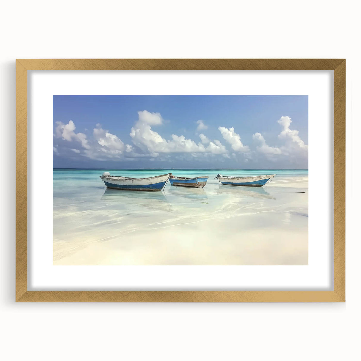 Elegant landscape artwork of serene beaches framed in gold, featuring a white mat that enhances its coastal charm, perfect for home or office decor.