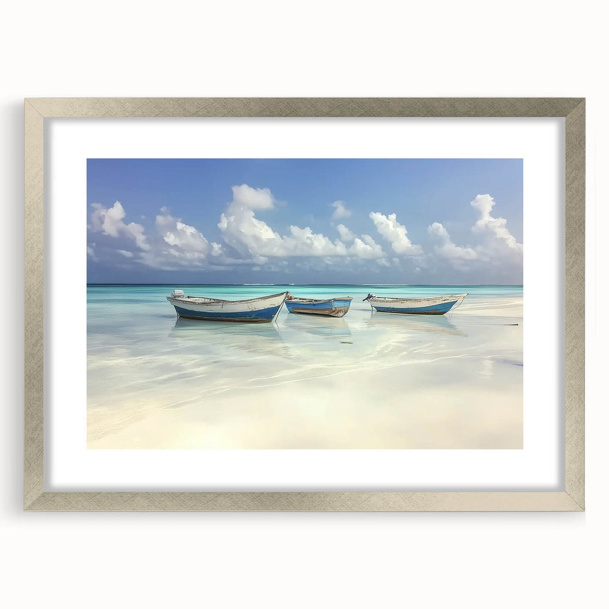 Landscape beach artwork framed in a sleek silver mat, showcasing vibrant colors and serene ocean views, perfect for enhancing home decor and adding a coastal touch.