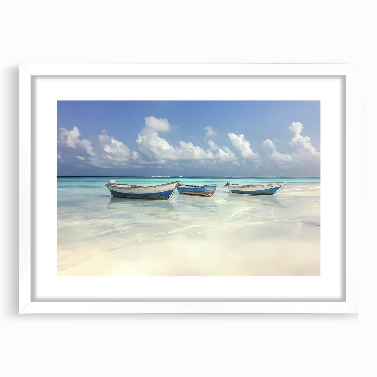 Landscape artwork depicting serene beaches in a white-framed design with a mat, ideal for adding a coastal touch to home decor. This elegant piece enhances any room with its calming colors and inviting atmosphere.