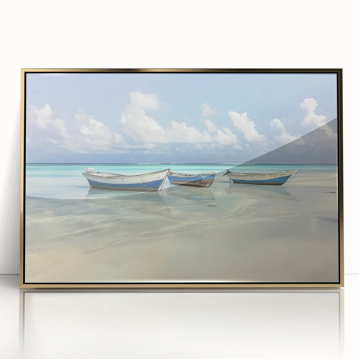 Framed acrylic artwork showcasing a serene beach landscape with golden hues, perfect for enhancing coastal-themed home decor or office spaces.