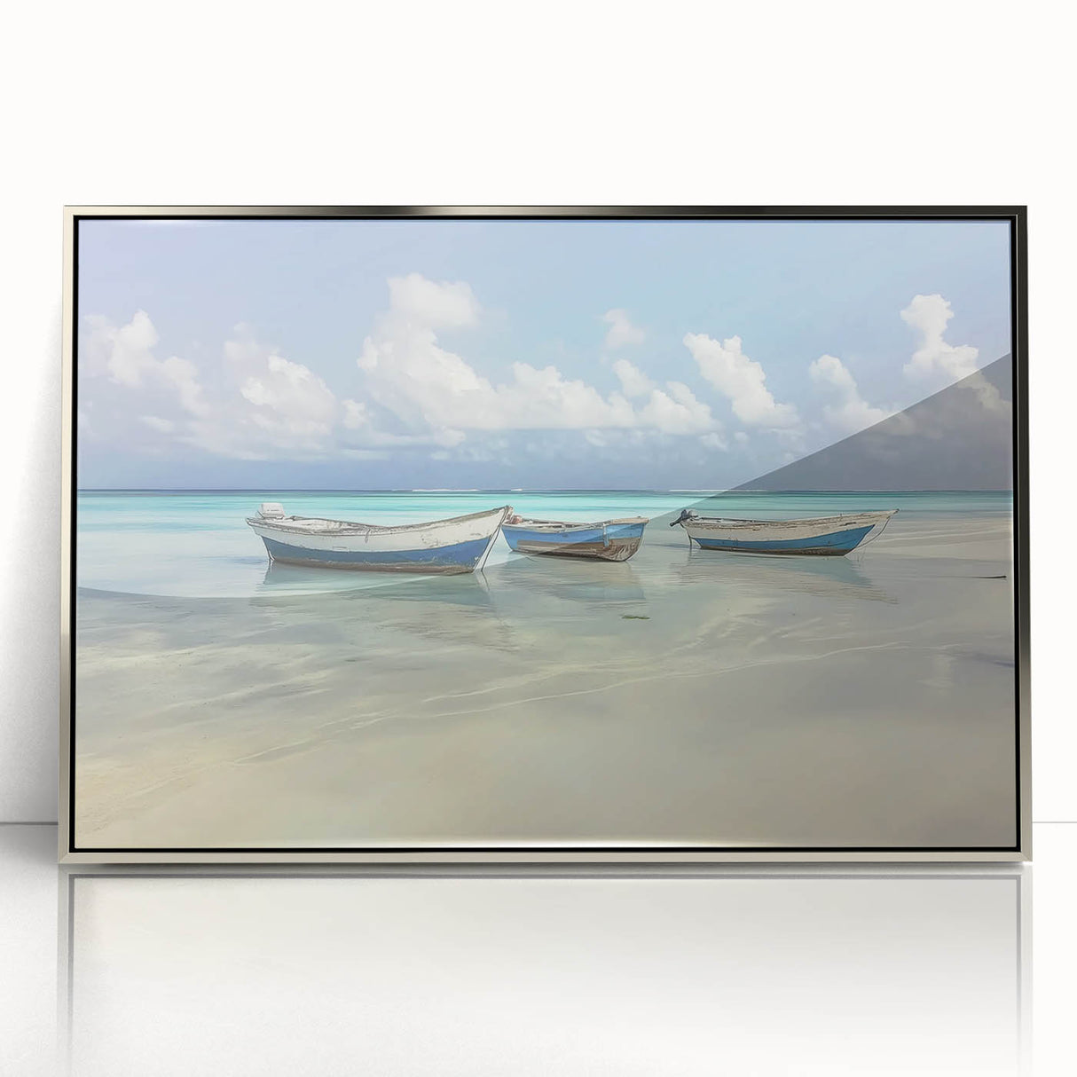 Framed acrylic artwork showcasing a serene beach landscape with vibrant colors, ideal for home decor. The piece features gentle waves and a clear sky, enhancing any coastal-themed space.