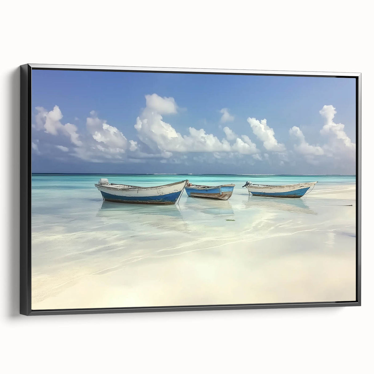 Framed canvas artwork depicting a serene beach landscape, showcasing soft pastel colors and gentle waves, displayed from a black side view for elegant home decor.