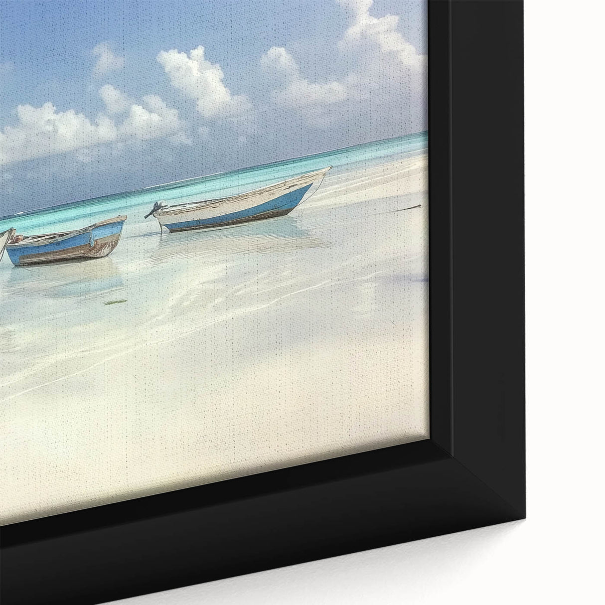 Framed canvas artwork showcasing a vibrant beach landscape with vivid blues and soft sandy hues, ideal for enhancing coastal-themed decor in living spaces.