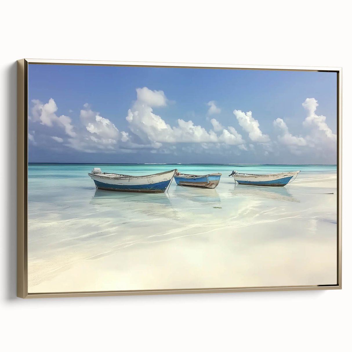 Framed canvas artwork showcasing a serene beach landscape with golden hues, ideal for coastal decor. The side view highlights the elegant frame design and texture.