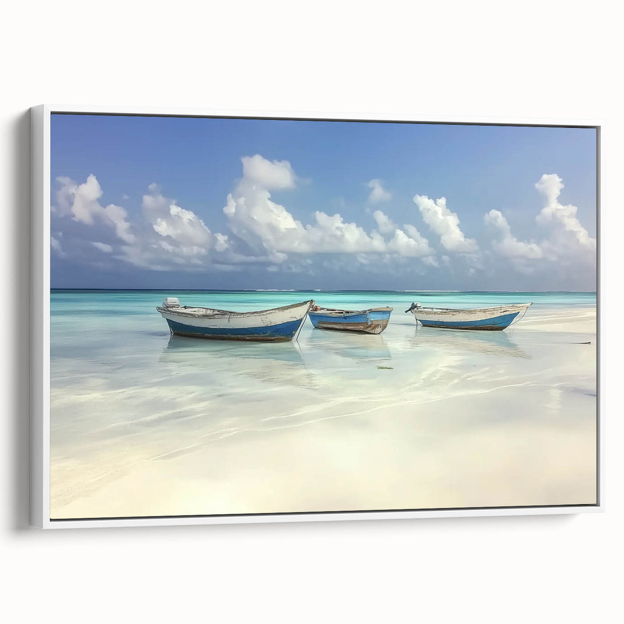 Framed canvas artwork showcasing a serene beach landscape with vibrant colors, displayed from a white side view, perfect for coastal home decor.