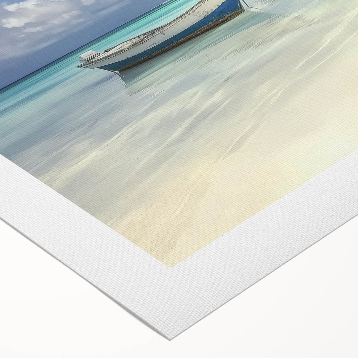 Rolled canvas artwork showcasing a vibrant beach landscape design, featuring vivid colors and serene ocean waves, packaged securely in a protective cardboard tube.