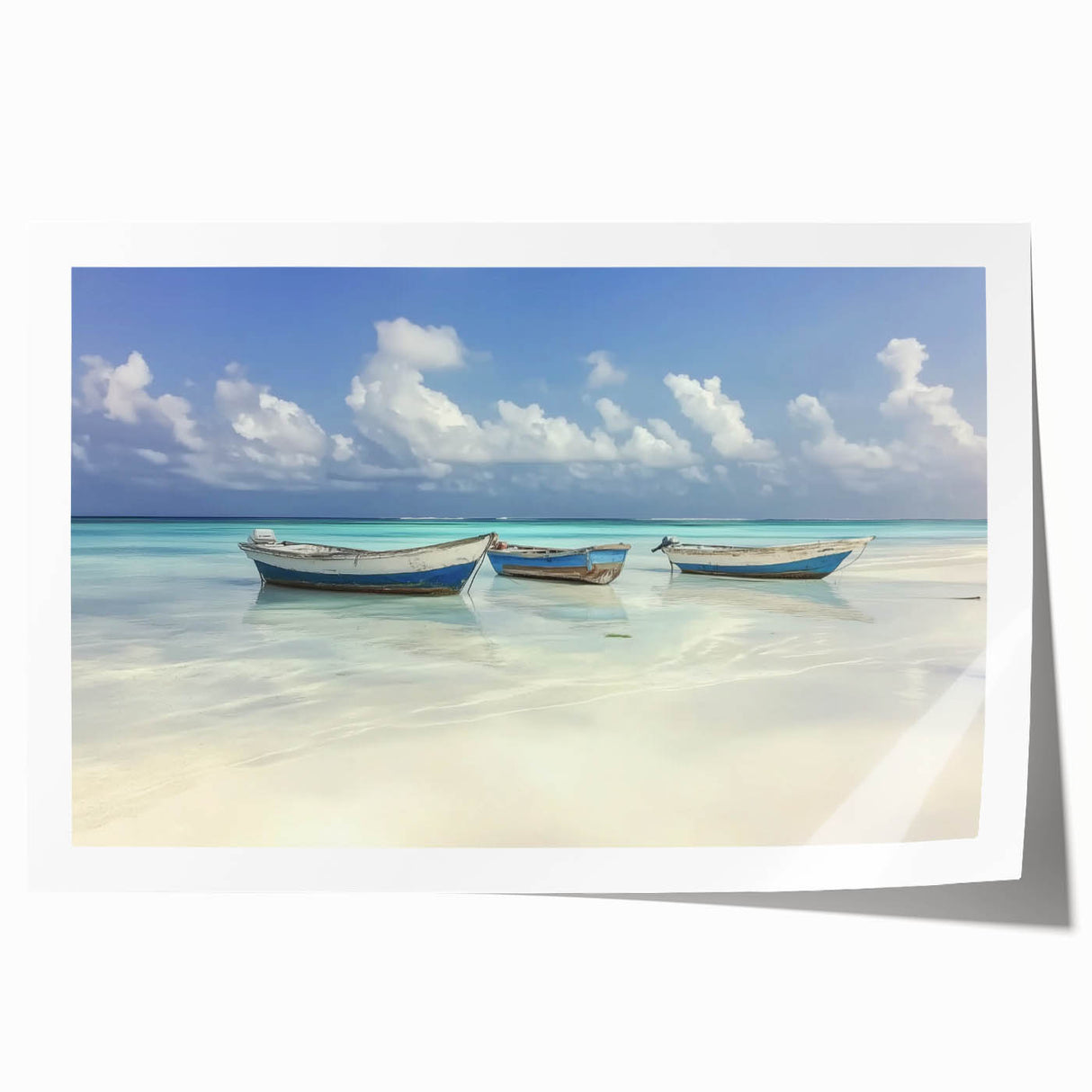 Landscape print showcasing a serene beach scene with vibrant blue waters and golden sand, rolled for easy transport and display in any coastal-themed decor.