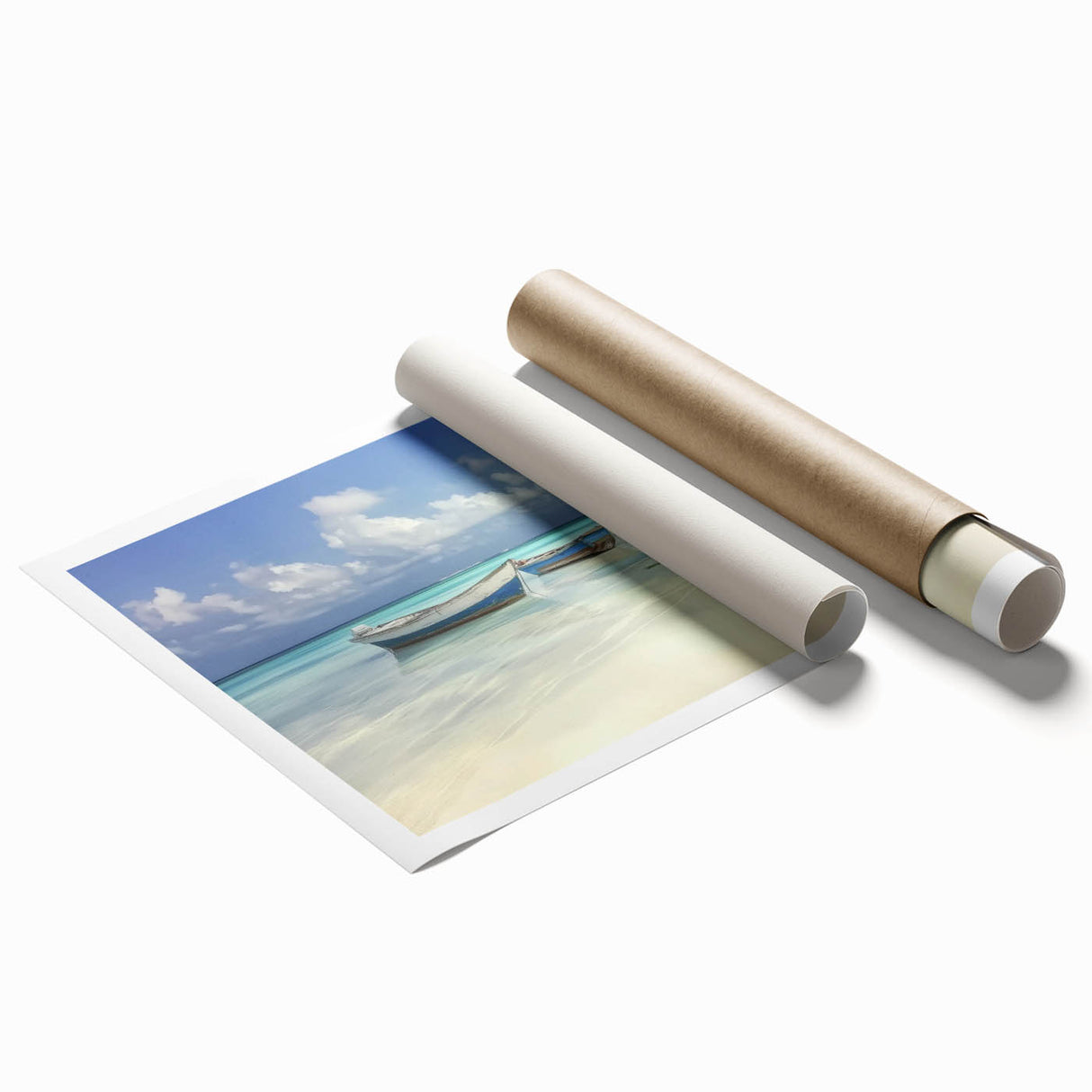 Landscape canvas print showcasing a serene beach scene with vibrant blue skies and gentle waves, rolled and securely packaged in a durable cardboard tube for delivery. Perfect for home decor enthusiasts seeking a coastal aesthetic.