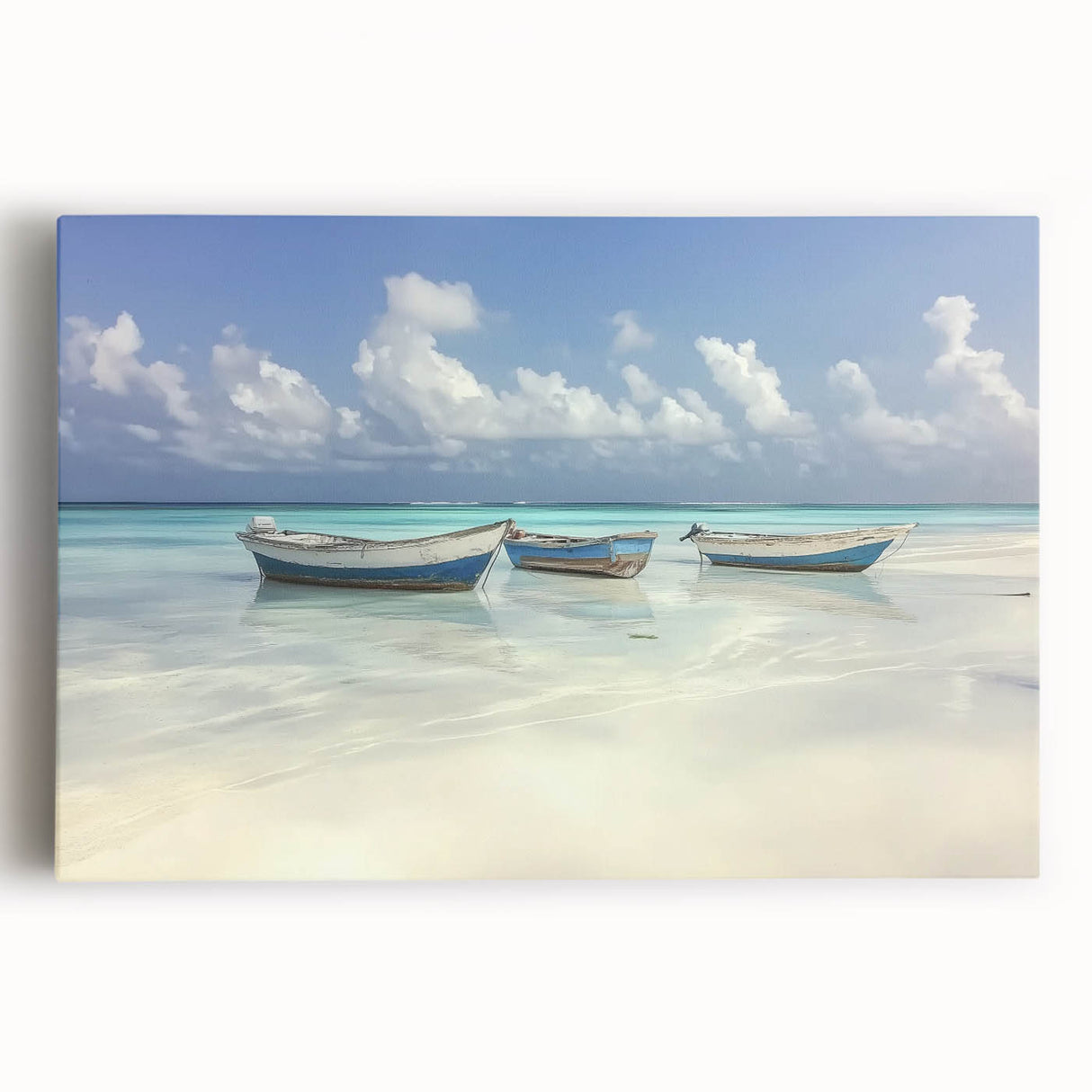 Stretched canvas art depicting a vibrant beach landscape with vivid colors and serene waves, perfect for coastal decor enthusiasts seeking a tranquil ambiance.