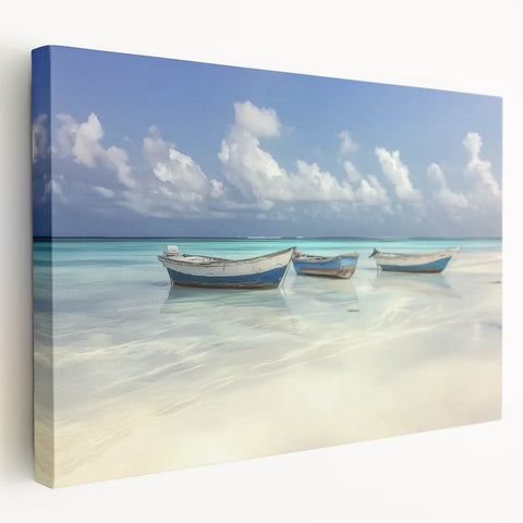 Stretched canvas artwork showcasing a serene beach landscape in vibrant colors, highlighting gentle waves and a clear sky, perfect for coastal home decor.