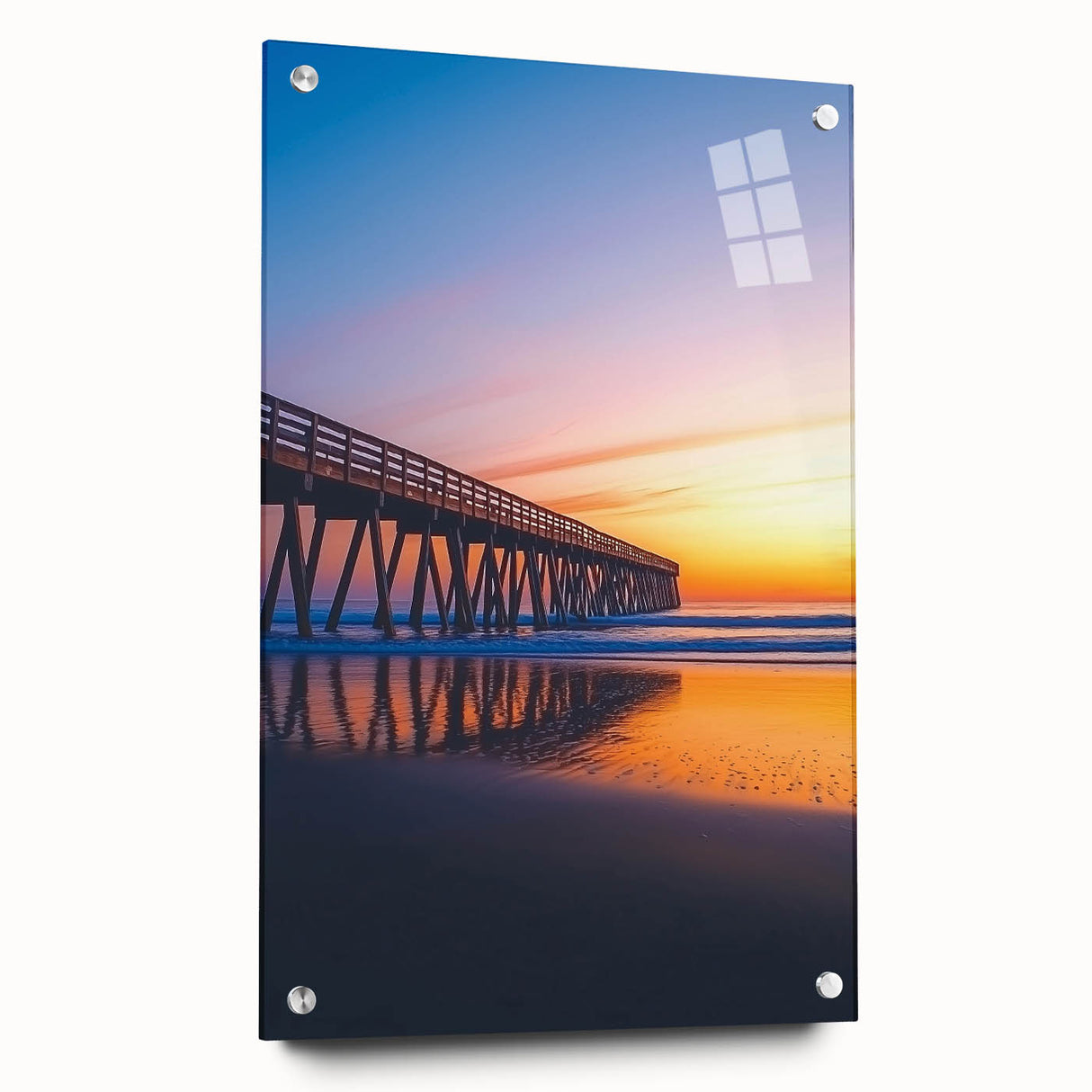 Acrylic glass landscape bridge design showcasing a modern aesthetic, displayed from a side view with decorative pins, ideal for contemporary home decor.