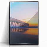 Framed acrylic artwork depicting a stunning landscape view of a bridge, featuring vibrant colors and intricate details, ideal for home or office decor.