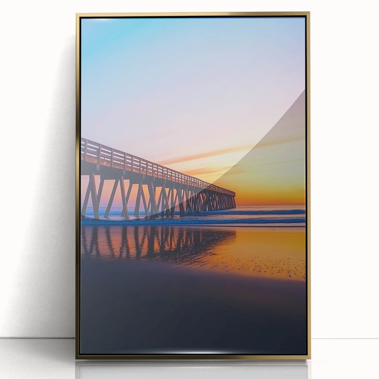 Framed acrylic artwork of a golden landscape bridge, showcasing intricate details and vibrant colors, perfect for modern decor in living spaces.
