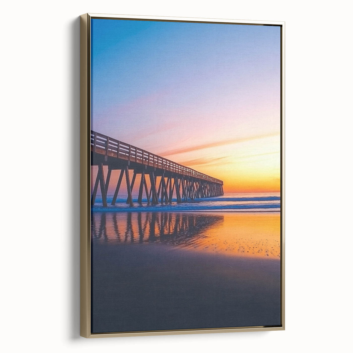Framed canvas artwork depicting a landscape scene of a bridge surrounded by lush greenery, with golden accents highlighting the frame. Perfect for home decor.