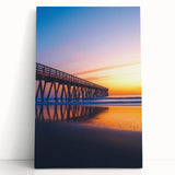 Landscape canvas art depicting a serene bridge over a tranquil river, featuring lush green trees and a soft blue sky, perfect for home decor and art enthusiasts.