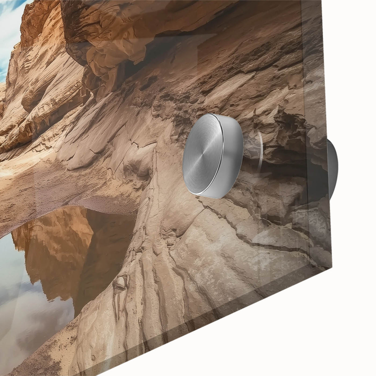 Close-up of a vibrant landscape acrylic print showcasing intricate canyon formations in rich earthy tones, ideal for modern home decor or artistic displays.