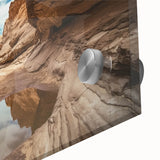 Close-up of a vibrant landscape acrylic print showcasing intricate canyon formations in rich earthy tones, ideal for modern home decor or artistic displays.