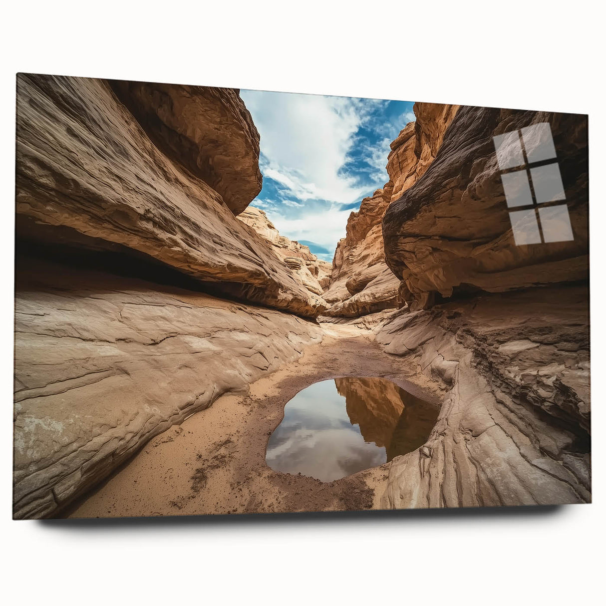 Landscape acrylic wall art depicting vibrant canyons in warm hues, displayed in a sleek glass frame without pins, ideal for modern home decor.