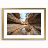 Elegant landscape art print design featuring canyons, framed with a gold mat, showcasing warm earth tones and intricate details. Ideal for home decor enhancement.