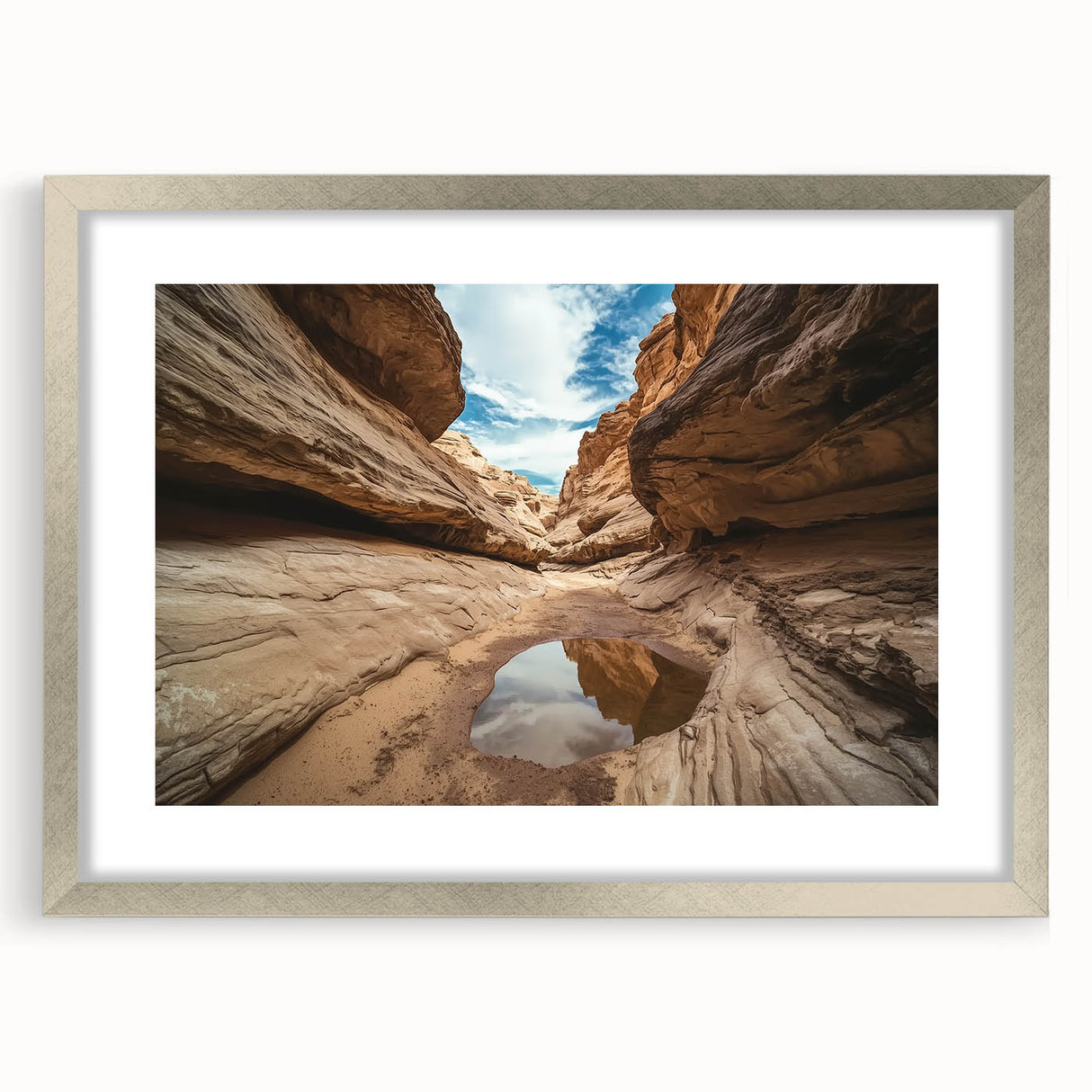 Framed landscape artwork depicting vibrant canyons in rich hues of red and orange, enhanced by a sleek silver mat, perfect for home decor and art enthusiasts.