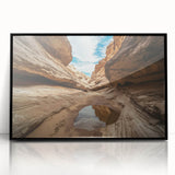 Framed acrylic artwork showcasing a stunning landscape of canyons, featuring earthy tones and intricate textures, designed to enhance modern home decor.