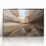 Framed acrylic artwork depicting a stunning landscape of canyons in rich earthy tones, highlighting the natural beauty and depth of the scene, ideal for modern decor.