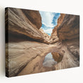 Stretched canvas artwork depicting a vibrant landscape of canyons in warm earth tones, showcasing intricate details and textures, ideal for home decor.