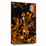 Large abstract wall art depicting fall scenes in muted orange and brown tones on acrylic glass.