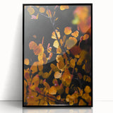 Large abstract wall art depicting fall colors in mid-century modernist style, framed in black acrylic.