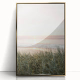 Large art print of a mid-century modernist summer scene in gold and blue tones, acrylic framed.