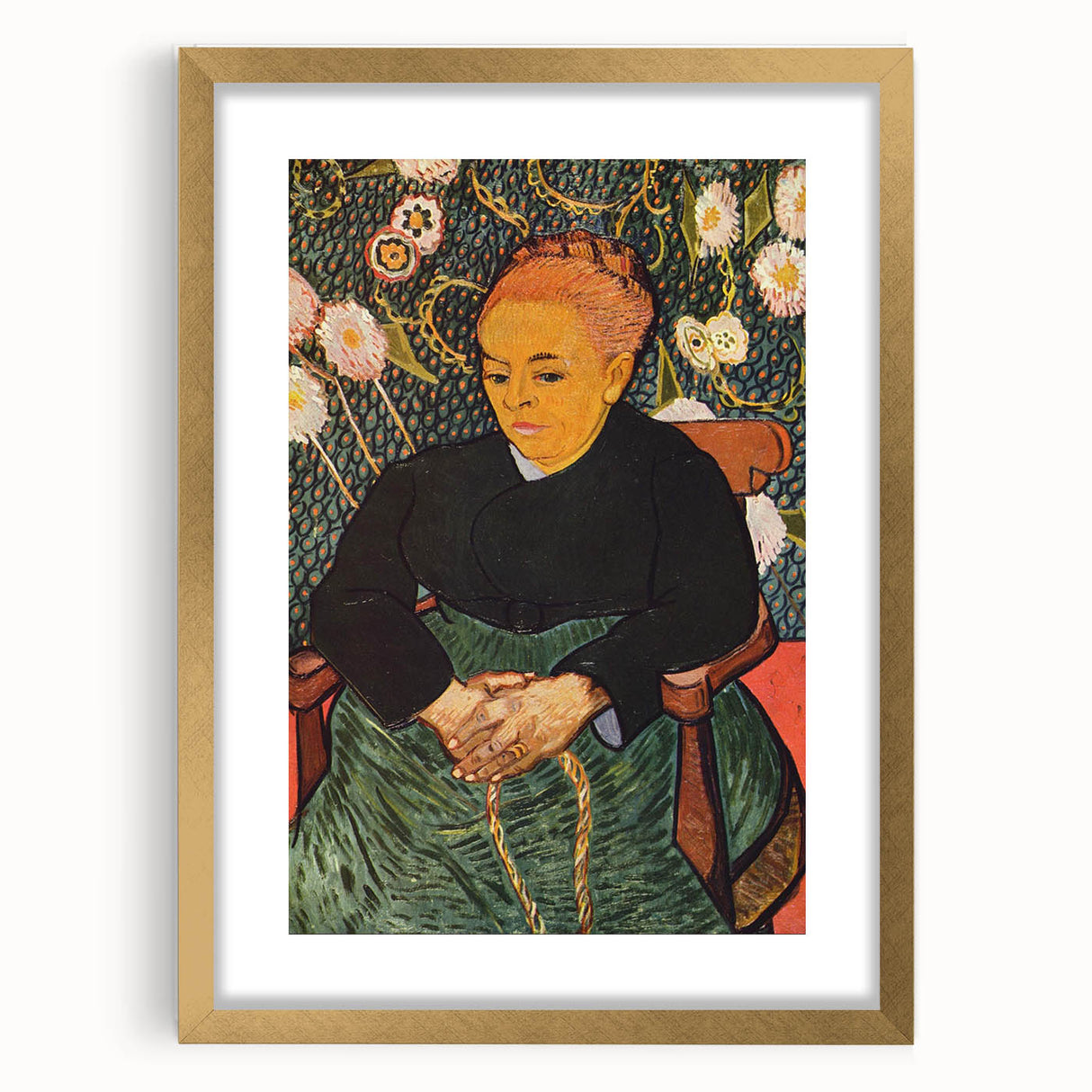 Abstract art print featuring swirling blue and yellow patterns on a gold-framed canvas.