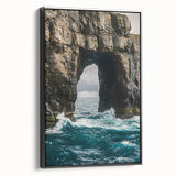 Framed canvas artwork depicting a serene landscape with majestic cliffs, featuring a sleek black frame and showcasing vibrant colors that enhance any decor style.