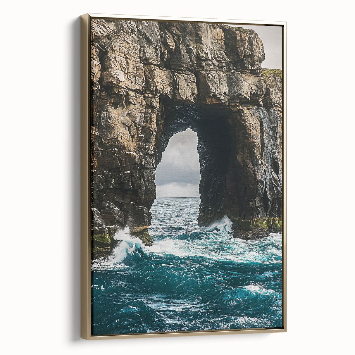 Framed canvas artwork depicting dramatic cliffs in a mountainous landscape, featuring a gold frame that adds elegance, ideal for modern home decor.