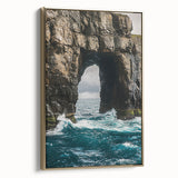 Framed canvas artwork depicting dramatic cliffs in a mountainous landscape, featuring a gold frame that adds elegance, ideal for modern home decor.