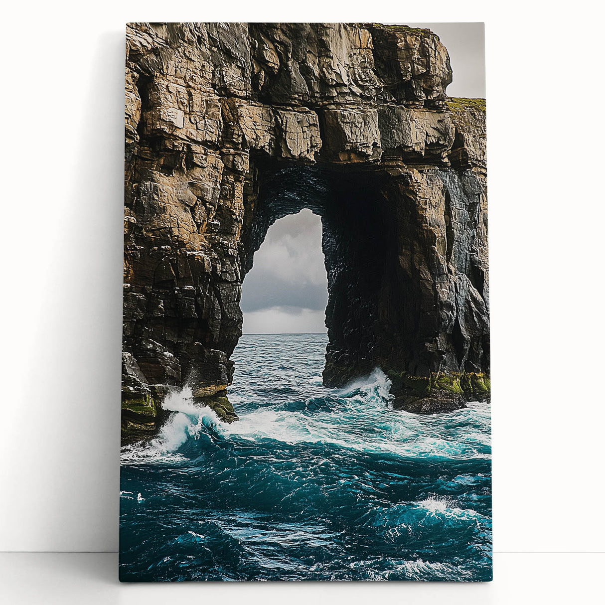 Stretched canvas artwork depicting a dramatic cliff landscape at sunset, featuring vibrant colors and intricate details, ideal for enhancing home decor and creating a serene atmosphere.