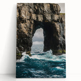 Stretched canvas artwork depicting a dramatic cliff landscape at sunset, featuring vibrant colors and intricate details, ideal for enhancing home decor and creating a serene atmosphere.
