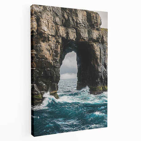 Stretched canvas artwork depicting a breathtaking cliff landscape in vibrant colors, showcasing rugged rock formations and lush greenery, ideal for home decor.