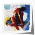 Abstract figurative art print mockup showcasing vibrant colors and dynamic shapes, displayed in a glossy finish, ideal for modern interior decor.