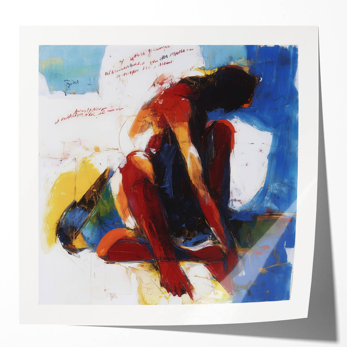 Abstract figurative art print mockup showcasing vibrant colors and dynamic shapes, displayed in a glossy finish, ideal for modern interior decor.