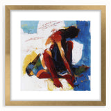 Abstract figurative frame with a gold mat, showcasing a modern art piece that blends vibrant colors and intricate designs, ideal for contemporary home decor.