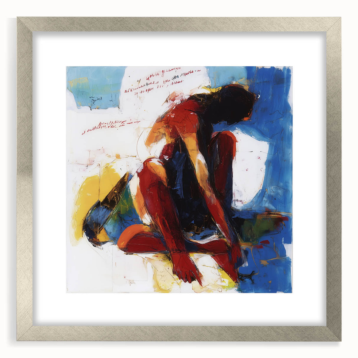 Stylish abstract figurative frame with a silver mat, showcasing a modern art piece. Ideal for contemporary decor, enhancing living spaces with elegance.
