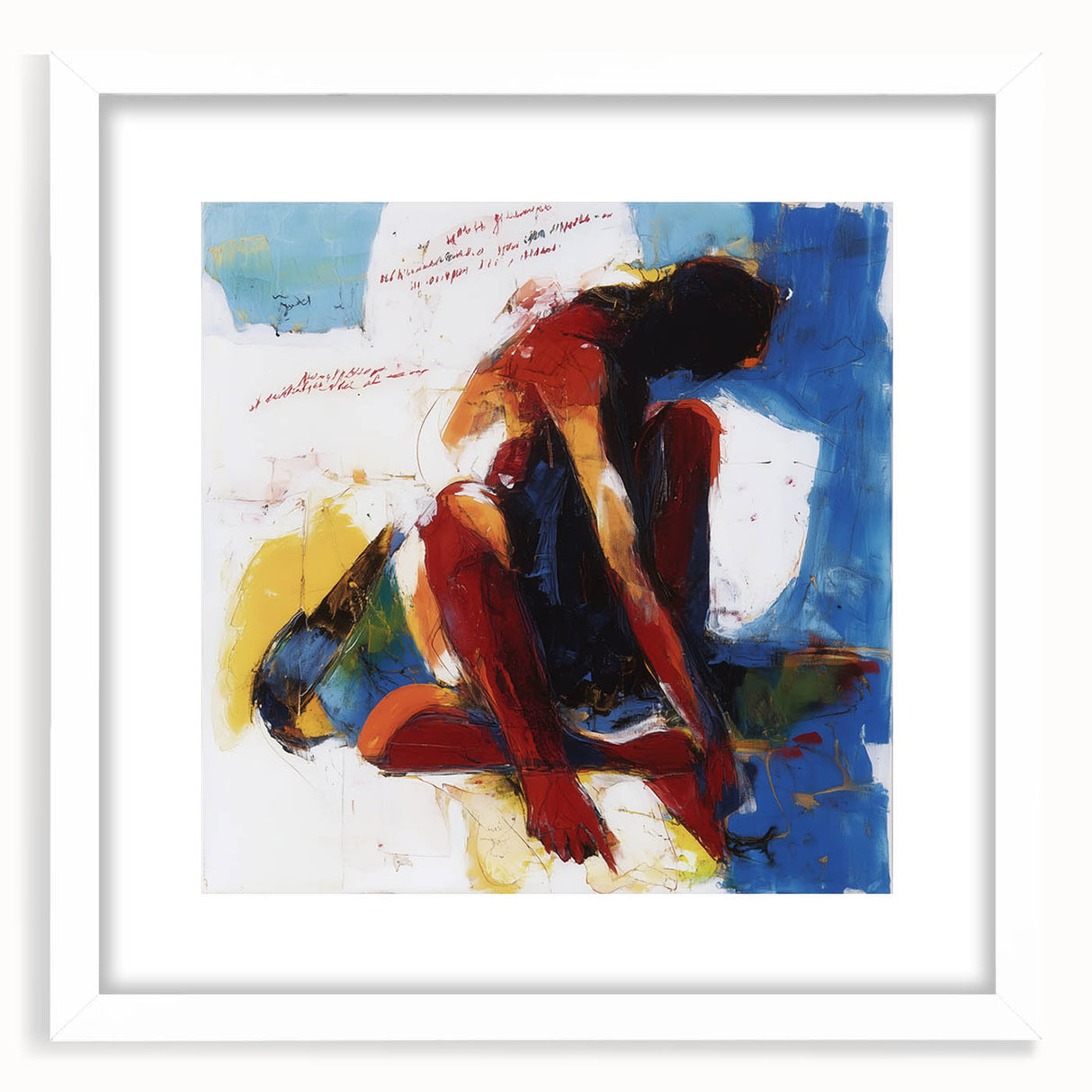 Abstract figurative artwork framed in a sleek white mat, showcasing vibrant colors and dynamic shapes, perfect for modern home decor or art enthusiasts.