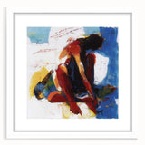 Abstract figurative artwork framed in a sleek white mat, showcasing vibrant colors and dynamic shapes, perfect for modern home decor or art enthusiasts.