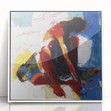 Framed abstract figurative artwork in white acrylic, showcasing vibrant colors and dynamic shapes, perfect for modern interior decor. Ideal for enhancing artistic ambiance in living spaces or offices.