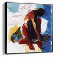 Framed abstract figurative canvas art with a sleek black frame, showcasing bold colors and dynamic shapes, perfect for modern home decor or office settings.
