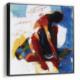 Framed abstract figurative canvas art with a sleek black frame, showcasing bold colors and dynamic shapes, perfect for modern home decor or office settings.