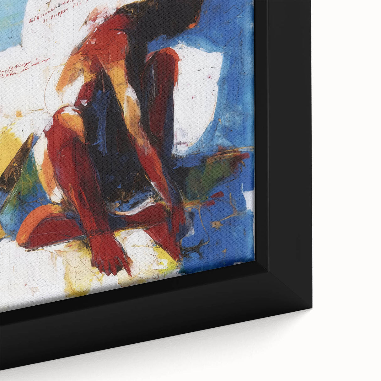 Close-up of a framed abstract figurative canvas artwork showcasing vibrant colors and intricate patterns, perfect for modern home decor and artistic expression.