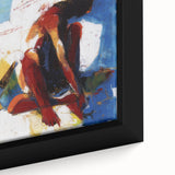 Close-up of a framed abstract figurative canvas artwork showcasing vibrant colors and intricate patterns, perfect for modern home decor and artistic expression.