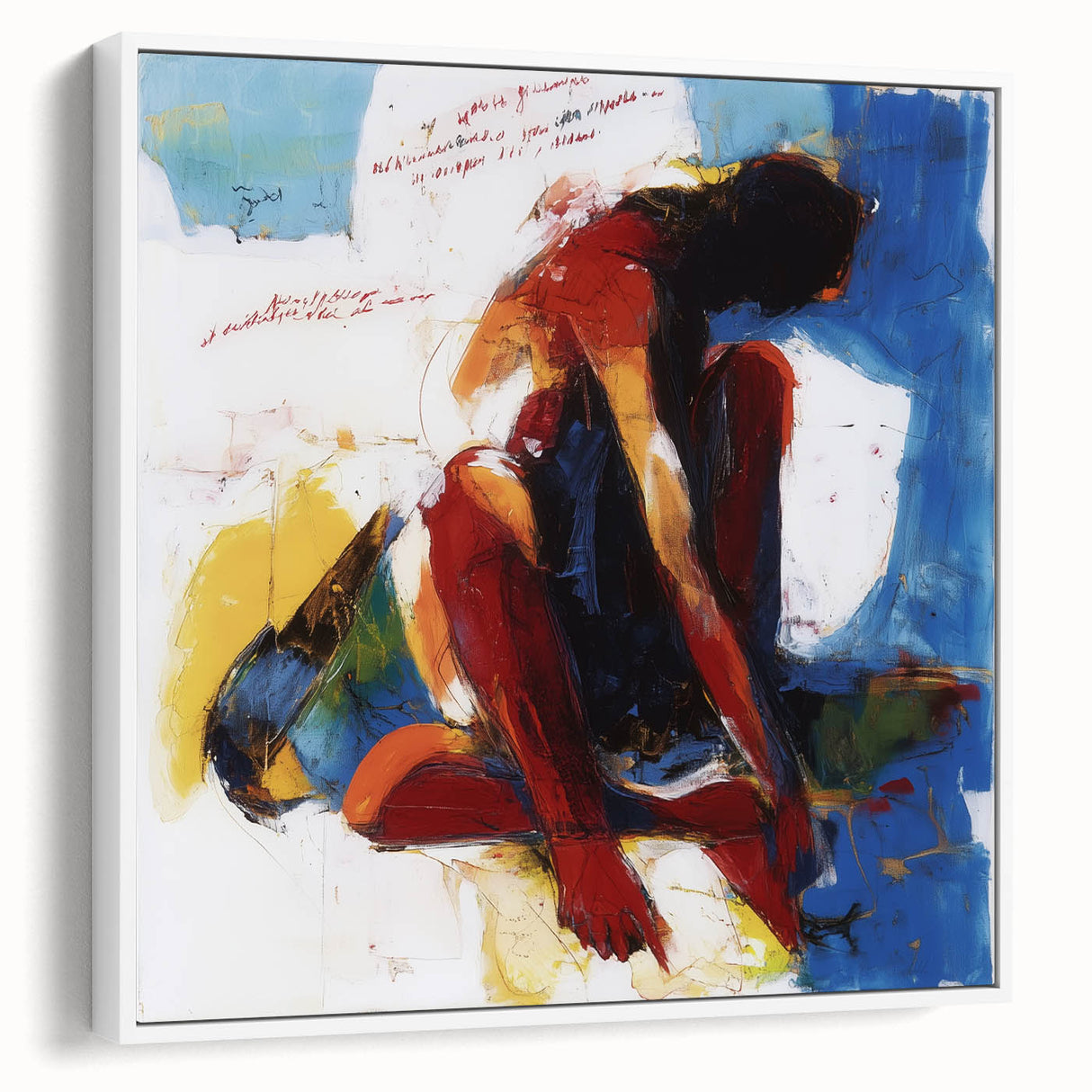 Abstract figurative wall art in a white frame, showcasing vibrant colors and dynamic shapes, perfect for modern home decor and artistic expression.