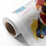 Abstract figurative rolled canvas artwork showcasing vibrant colors and dynamic shapes, ideal for modern decor. Packaged securely in a cardboard tube for safe shipping.